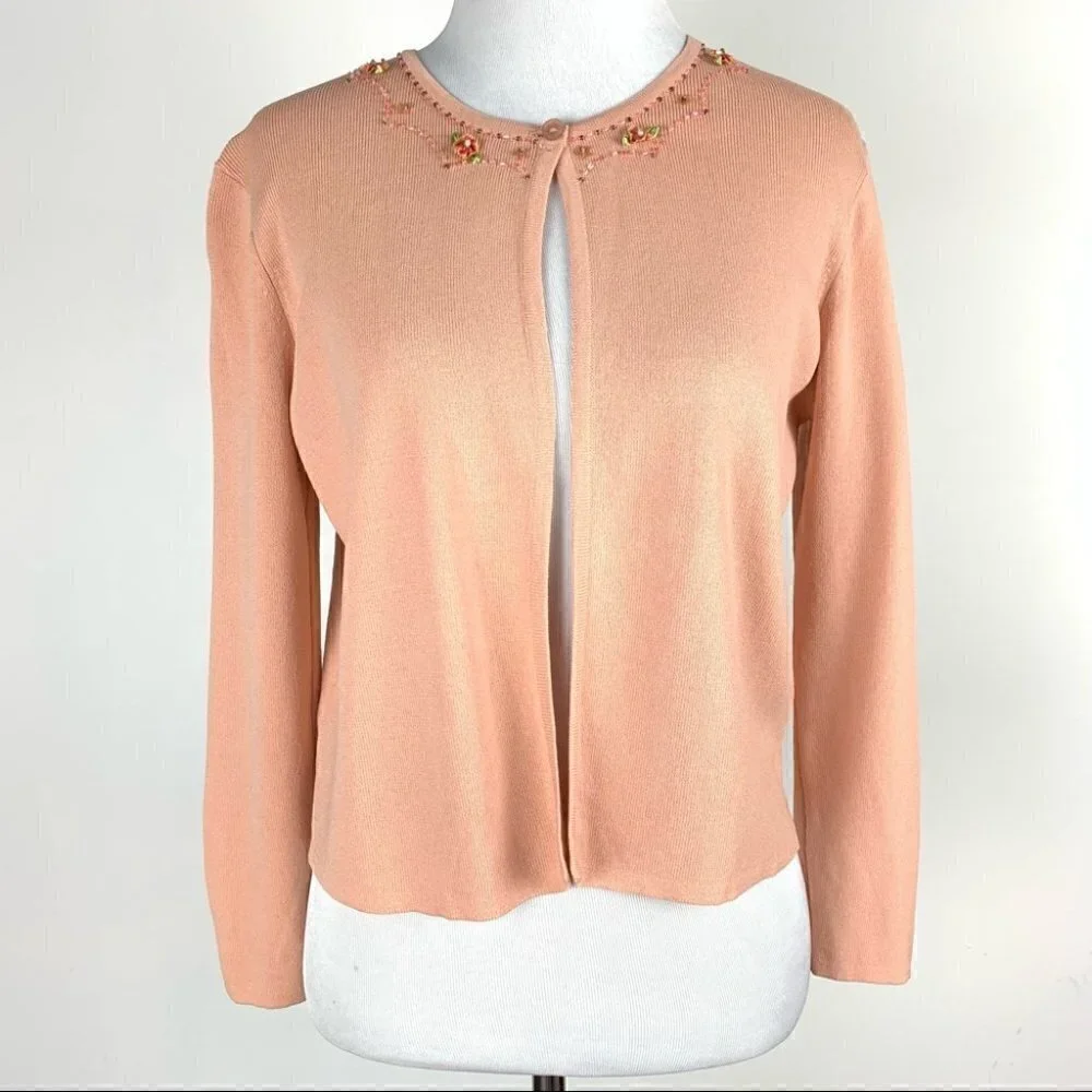 Studio I sweater sz 8 peach knit floral beaded cardigan Grannycore vintage 90s
